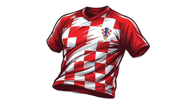 Bold vector illustration of a red and white checkered soccer jersey inspired by the Croatia national team kit, featuring expressive brush strokes, dynamic shading, and a chest crest.
