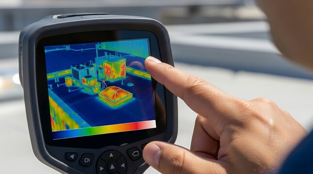 Hand pointing at thermal imaging camera screen on roof