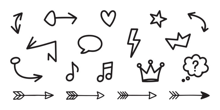Hand drawn doodle arrow, heart, star and other elements isolated on transparent background.