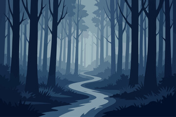 Dark Forest River Vector Illustration Nature Landscape Background © AnwarHosan