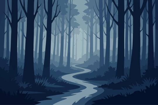 Dark Forest River Vector Illustration Nature Landscape Background