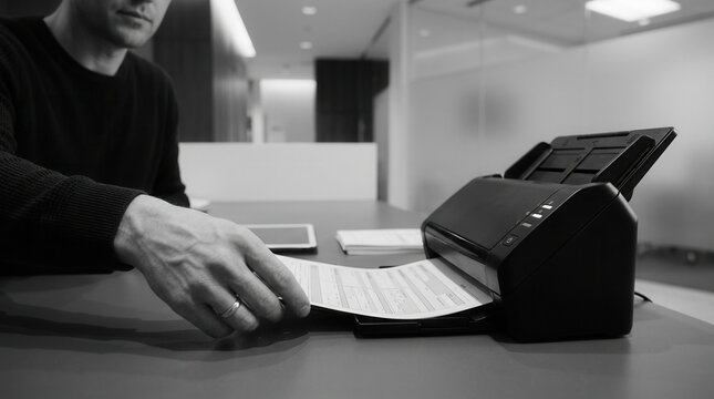 Business Professional Scanning Documents In Formal Office Environment Efficiently