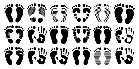 Fototapeta premium Paw print icon set with black icons, hand gesture marks, and striped paw patterns for playful graphic designs