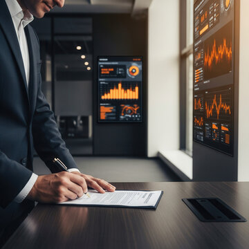 Business Professional Signing Agreement With Financial Data Display In Modern Office Setting