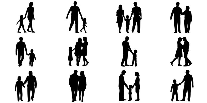 People silhouette set with various family and social interactions featuring interaction, group, couple with parent and child elements for