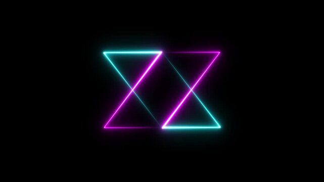 A glowing neon trianglr emits radiant energy in a black background, repetitive motion animation, with neon lights shrinking and expanding.4k resolution video