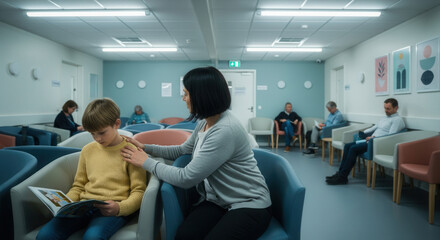 Naklejka premium Concerned Mother Comforts Her Young Son While Waiting At The Clinic
