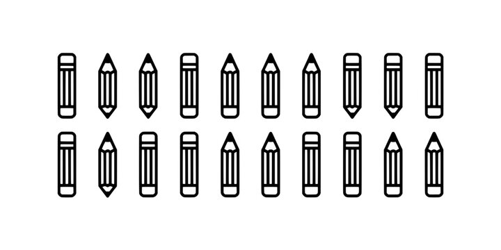 Pencils black line icon set with various pointed tips and erasers on white background featuring icons, illustration, drawing tools with stationery