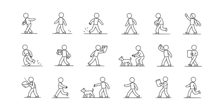 People walking with various items and a dog in a line art style featuring sketch, black and white, carrying with handbag and backpack elements for