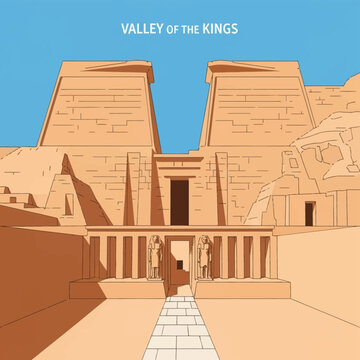 Vector illustration of the archaeological site entrance at the Valley of the Kings in Egypt, featuring massive sandstone pylons, pharaoh statues, and a central gateway under a blue sky.