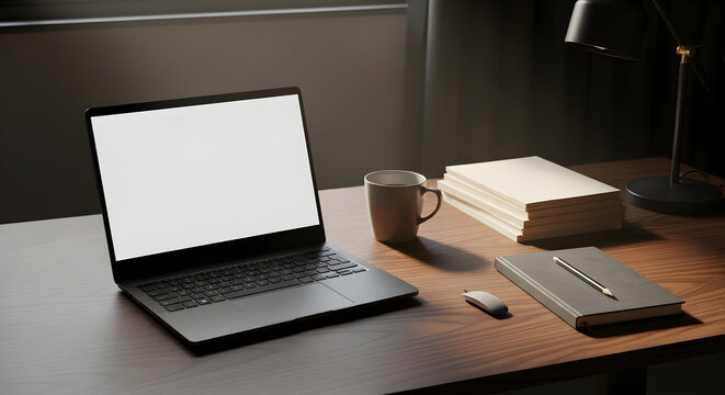 Quiet evening workspace with a laptop, steaming mug, and books on a wooden desk, illuminated by a warm lamp for focused productivity and contemplation