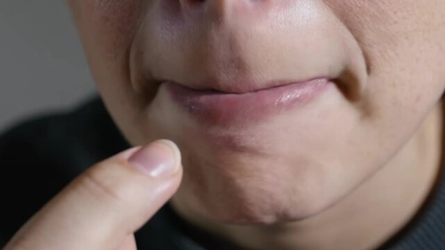 Close-up of a person biting their fingernail, highlighting nervous behavior and stress-related habits with detailed focus on lips, teeth, and fingers.