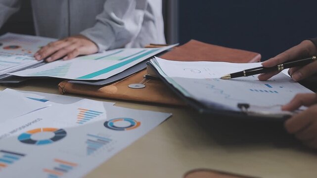 Two accountants examining financial documents using a calculator, taking notes, and discussing results, surrounded by documents and technology in a busy office environment. Audit and taxes in business