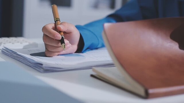 Two accountants examining financial documents using a calculator, taking notes, and discussing results, surrounded by documents and technology in a busy office environment. Audit and taxes in business