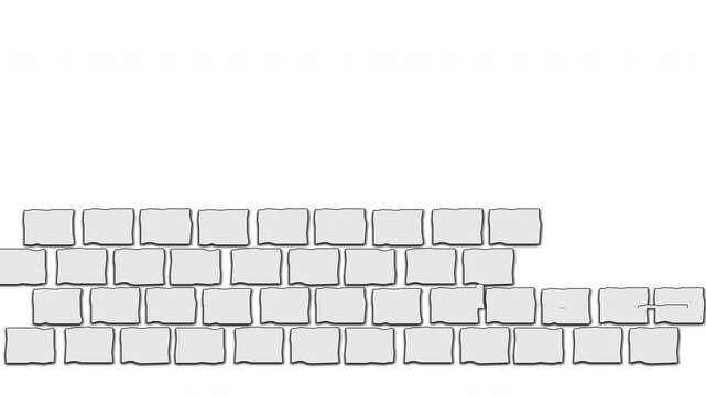 Stone Brick wall construction. Gray bricks blocks installing, building wall. Concept of construction, protection, craftsmanship and module structure. White and grey background.