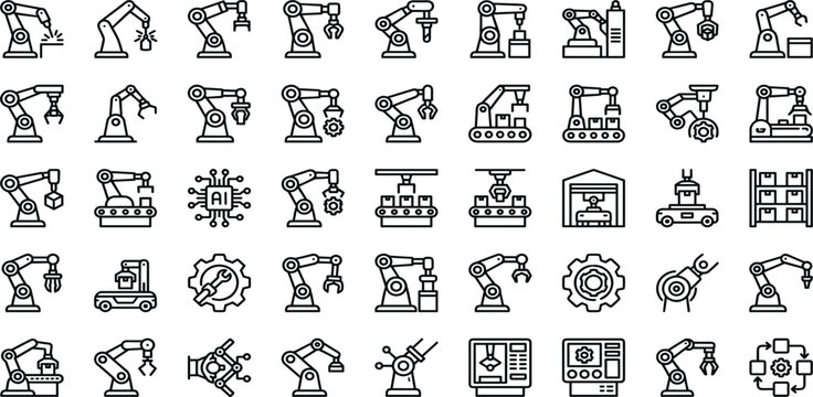 Industrial Robotic Arm and Factory Automation Icon Set with Manufacturing Assembly Production and Smart Industry Outline Vector Collection