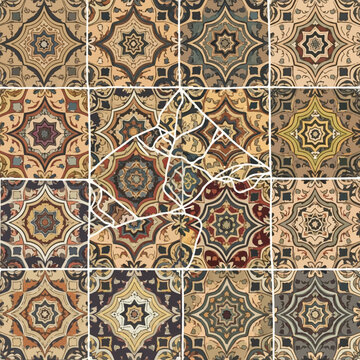 Seamless patchwork quilt pattern with ornate mandala tiles in earth tones. Traditional geometric design featuring octagonal star shapes and intricate floral details in a square grid.