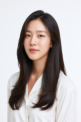 Fototapeta premium young korean woman with long straight layered hair portrait on white background, stylish asian woman in her twenties with natural hairstyle isolated
