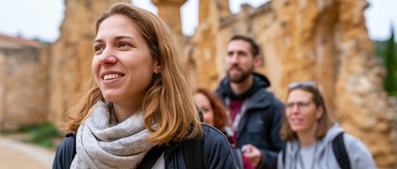 Fototapeta premium A group of cheerful tourists exploring a historic site, their smiles reflecting the joy of travel, curiosity about history, and appreciation for architecture and culture.