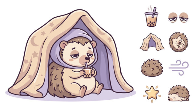 Cute vector illustration of a sleepy hedgehog under a blanket tent drinking boba tea, featuring a collection of icons including stars, bubble tea, sleeping animals and wind lines.