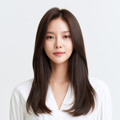 Fototapeta premium young korean woman with long straight layered hair portrait on white background, stylish asian woman in her twenties with natural hairstyle isolated