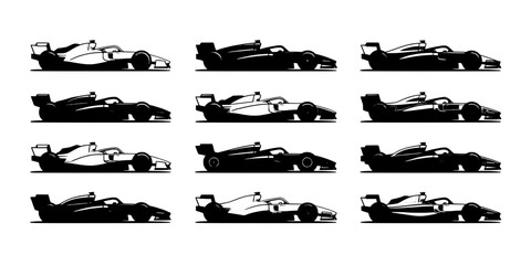 Fototapeta premium Race cars set with sleek black and white designs and dynamic racing poses featuring vehicles, speed, competition with motorsport and formula one