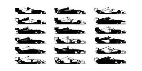 Fototapeta premium Race cars set with various designs and colors in a grid layout featuring racing, vehicles, automotive with black and white elements for design,