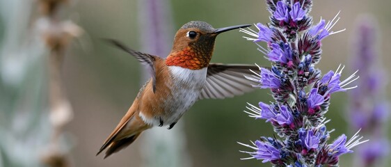 Fototapeta premium A stunning close-up of a hummingbird hovering gracefully in front of vibrant flowers, capturing the delicate beauty of nature and the interaction between wildlife and flora.