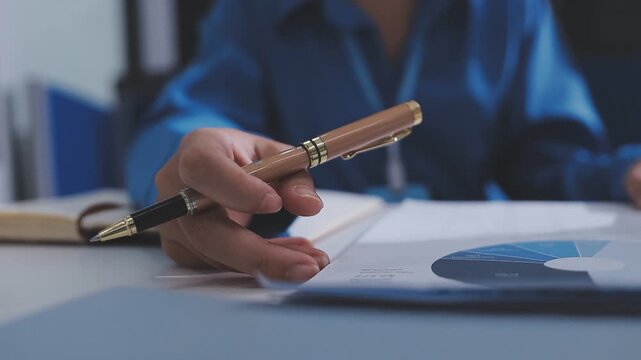 Two accountants examining financial documents using a calculator, taking notes, and discussing results, surrounded by documents and technology in a busy office environment. Audit and taxes in business
