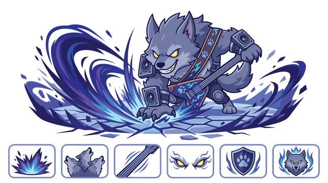 Flat vector illustration of a grey werewolf rockstar character performing a guitar ground smash attack with blue energy waves and a set of six hexagonal game ability icons.