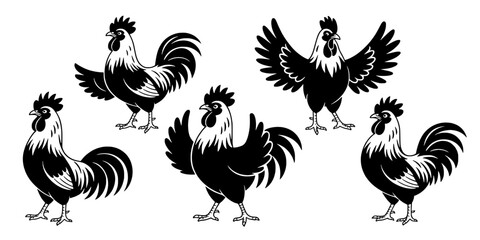 Obraz premium Roosters Illustration Set with Various Poses and Wing Positions Featuring Black and White, Farm Animals, Poultry with Birds and Graphic Design