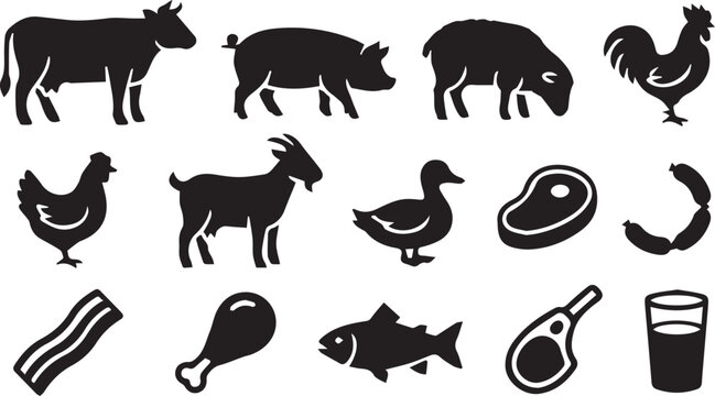 Set of Farm Animals and Meat Food Product Silhouettes