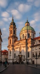 Fototapeta premium Historic Baroque Church with Clock Tower Glowing in Warm Evening Light on Cobblestone Square