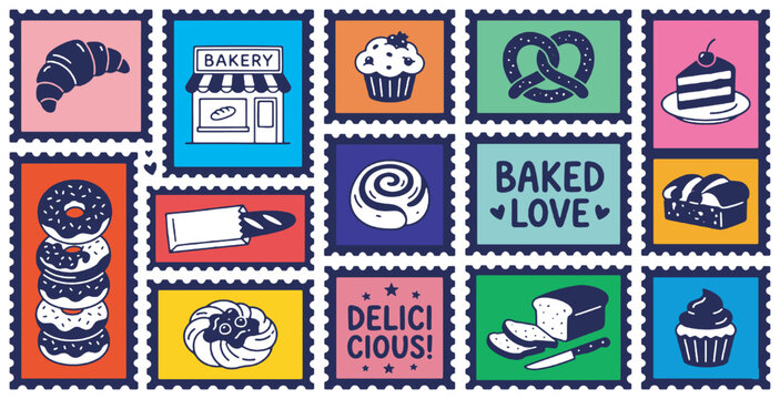 Collection of delicious baked goods and bakery items presented as postage stamps.