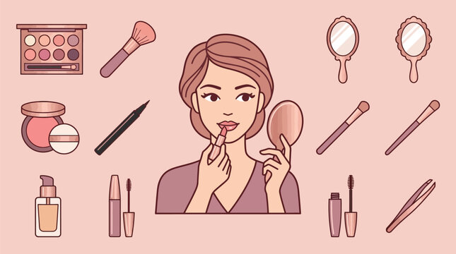 Flat vector illustration of a young woman applying pink lipstick while holding a compact mirror, surrounded by cosmetics icons including eyeshadow palette, brushes, and mascara.