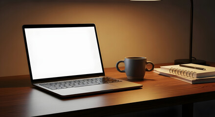 Fototapeta premium A modern laptop with a blank screen sits on a wooden desk next to a mug and a notebook, illuminated by warm ambient light, perfect for remote work or study setups