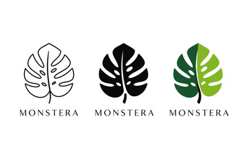 Minimal Monstera leaf icons in black and green, tropical plant logo silhouettes, modern botanical vector design © StockSphere