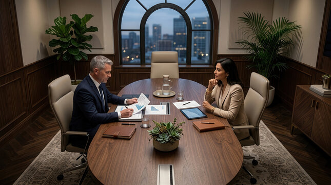 Business Professionals Collaborate in Executive Office for Important Strategic Planning