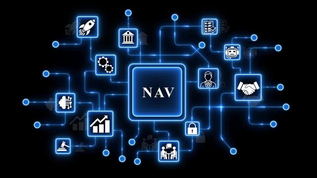 N A V business navigation technology on a map background with glowing blue lines and white symbols representing various concepts such as finance, communication, and 4k animation ,motion video