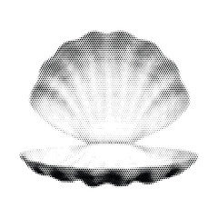 Open seashell vector illustration in halftone dot pattern style, monochrome clam or scallop shell front view, black and white marine ocean object isolated on white background © Pixel Art