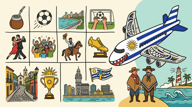 Hand-drawn vector illustration of Uruguay cultural symbols featuring mate, football icons, tango dancers, gauchos, Montevideo skyline, Sun of May flag, and a colorful commercial airplane.