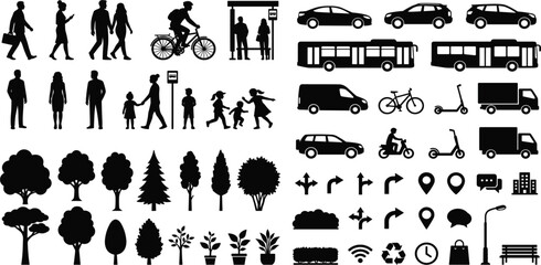 Urban Transportation and City Elements Silhouette Collection with People Vehicles Trees Maps and Public Infrastructure Vector Set © Jaba