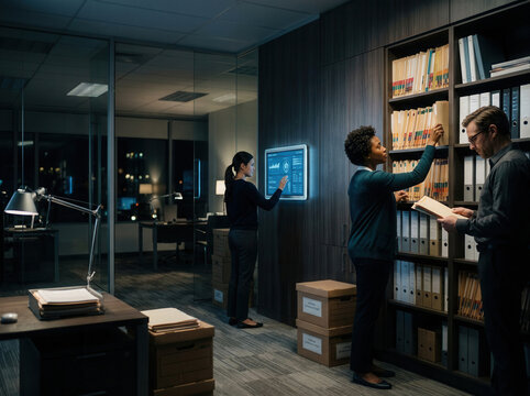 Business Professionals Collaborate in Modern Office Searching Data and Information