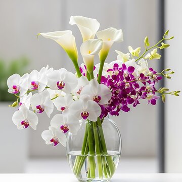 Elegant White and Purple Orchids in Clear Glass Vase.