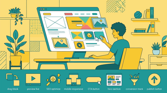 Flat vector illustration of a professional web designer building a website interface on a computer with icons for SEO optimization, mobile responsiveness, and CTA buttons.