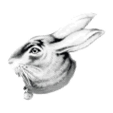 Rabbit head profile vector illustration in halftone dot pattern style, monochrome hare face side view with long ears, black and white bunny animal isolated on white background