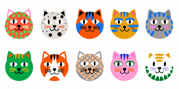 Colorful Cat Face Vector Illustrations Set On White Background