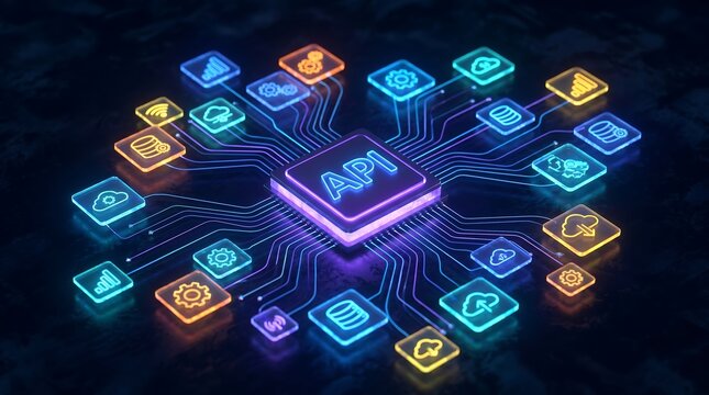 API Integration Concept showing Cloud Computing Services Network for Modern Software Development and Digital Transformation Strategy. Futuristic Technology Background.
