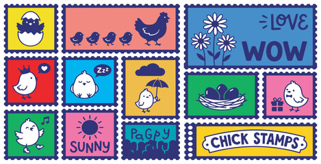 Fototapeta premium Collection of cute chick-themed postage stamps with various illustrations and phrases.
