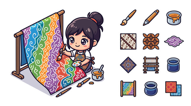 Cute chibi girl artist painting traditional Indonesian batik fabric on a wooden frame with a brush and wax pot, accompanied by a set of batik craft icons and patterns.